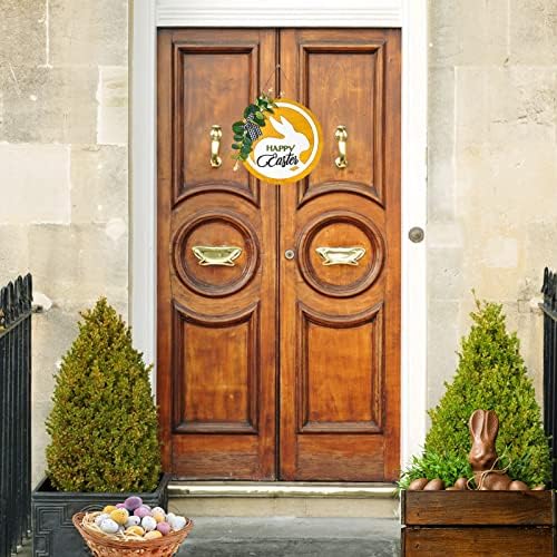 Акерок 3Д среќен велигденски дрвен знак за виси, украси на врата од зајаче, закачалка на вратата на пролетниот зајак со лак венец за декор