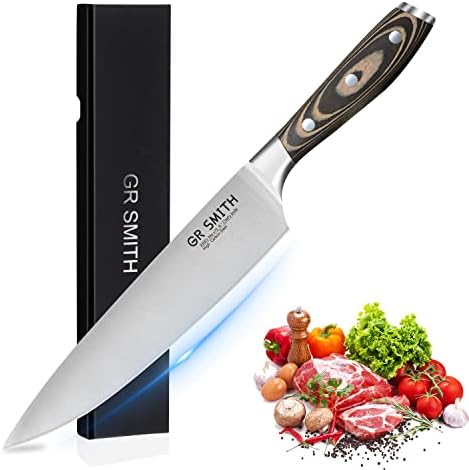 Нож за готвач на готвач Гр Смит, кујнски нож, 8-инчен професионален нож за сечење, нож за готвење со висок јаглерод од не'рѓосувачки челик, ергономска