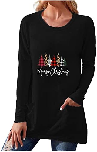 Божиќни кошули за жени Смешни долги туники носат со хеланки облечени со долги ракави, џемпер со џебови со џебови
