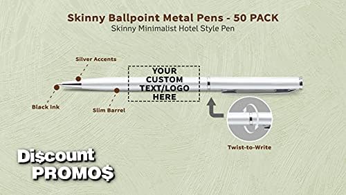 ПОПУСТ ПРОМОЦИИ 50 Слаби Топчести Метални Пенкала Пакет - Прилагодлив Текст, Лого-Елегантен, Пресврт, Црно Мастило-Сребро