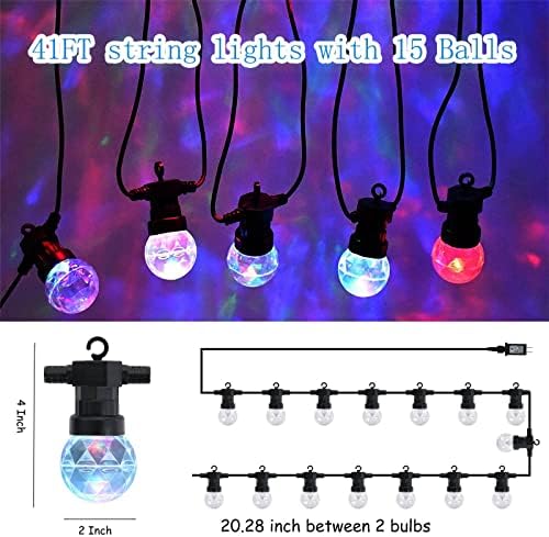 Vigdur 41ft Disco Ball String Lights - 15 топки за проекција топки во боја Промена на жицата светла водоотпорни расипувачки отвори за внатрешен