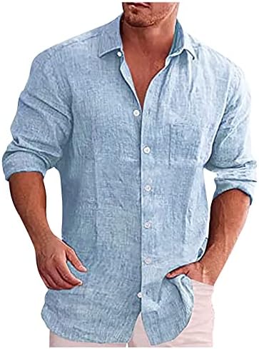 Копче надолу кошула мажи, пролетно лето лето -машка обична памучна постелнина цврста боја со долги ракави кошули лабави кошули со јака