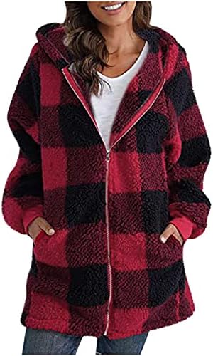 Карирани зимски палта за жени со качулка руно топло патент на пулвер џемпери, обична плишана јакна за блуза со долг ракав