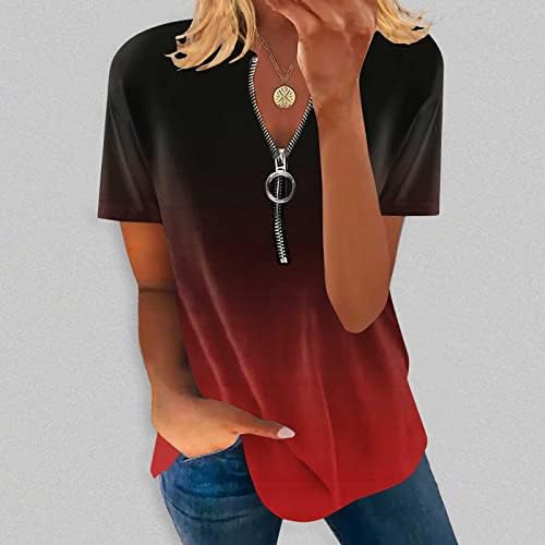 Женски врвови за хеланки 2023 летен моден градиент во боја патент v-врат со кратки ракави пулвер блуза лабава туника