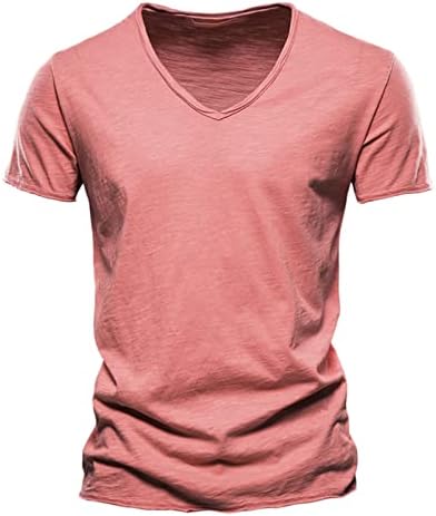 Менс модна обична цврста боја памук V врат со кратки ракави маица врвни мажи, исмејувачки врат со долги ракави термички кошули