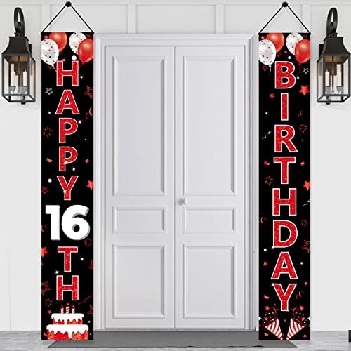 Црвен и црн 16 -ти роденденски украси врата банер за жени, црвена црна среќна 16 роденденска тремот знак за забави, шеснаесетгодишен роденденски