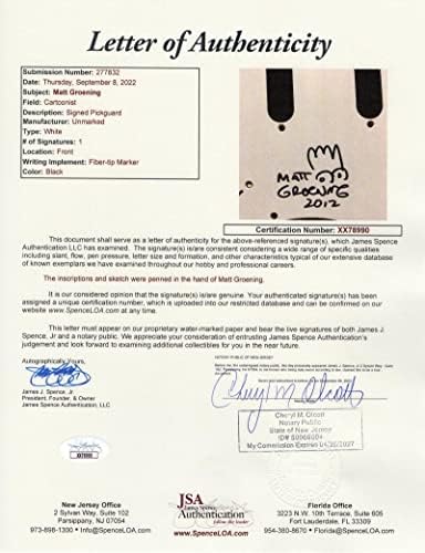 Мет Гронинг потпишан автограм со целосна големина црна фендер статиотастер електрична гитара w/оригинална уметност Барт Симпсон