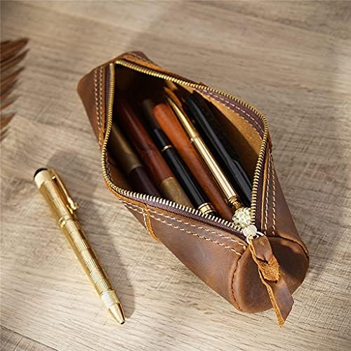 Lukeo Retro Zipper Pencil Case кожа со висок капацитет со висок капацитет, торба за складирање на канцелариски кутии