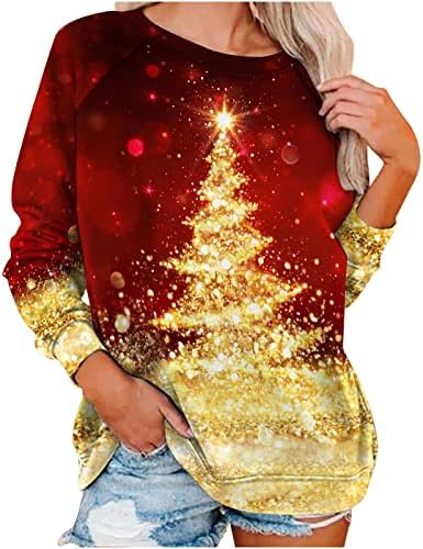 GATXVG 2022 Womenените Среќни Божиќни маички капка рамо на рамо со долги ракави, врвен елка за елка, лесен кошула со лесна лесна кошула