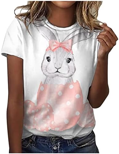 Велигденски кошули за жени кошули за зајаче, симпатична зајак графичка графичка мета летна случајна екипаж со кратки ракави со кратки