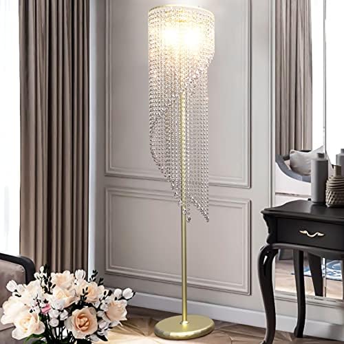 Ким Кристална Подна Ламба за Спална Соба Во Дневната Соба, Елегантна Ламба За Дожд, Златна Стоечка Внатрешна Светилка Со Висок