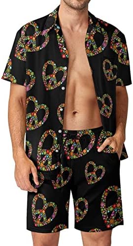 Мир-потпорен цвет срце, машки хавајски кошули со кратки ракави со кратки ракави и панталони летни облеки на плажа лабаво вклопување тренерки