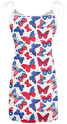 Hoxine жени летни обични мини фустани без ракави од шпагети ленти Sundress USA Flag Stars Stars Striped Belt Sockets краток фустан