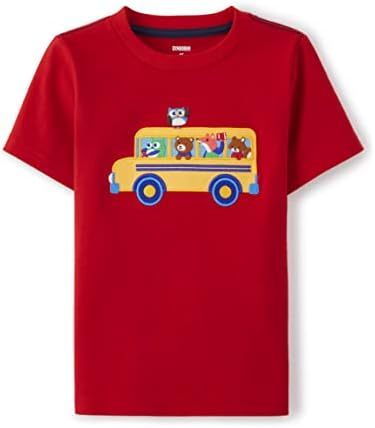 Gymboree Boys и дете извезени графички маици со кратки ракави, автобус со црвени училишта, 12-18 месеци