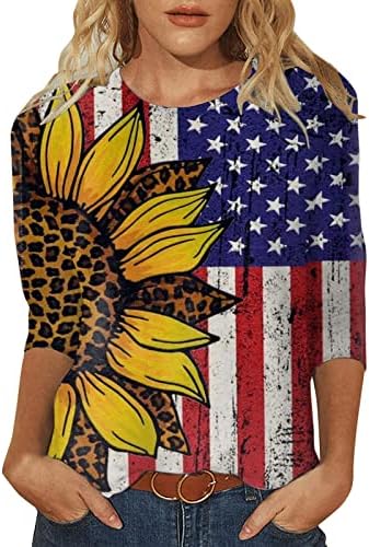 Womenените 3/4 маички со ракави во САД, Денот на независноста на САД, печатено екипаж на вратот на вратот на вратот на вратот, удобна стилска