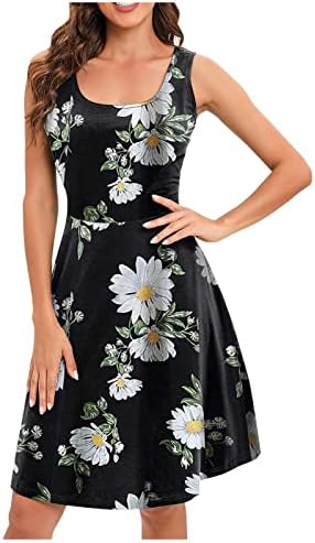 Фрагрн фустан со краток ракав, женски летни модни обични растенија печати О-вратот за зашивање на ракави без ракави на плажа А-линија