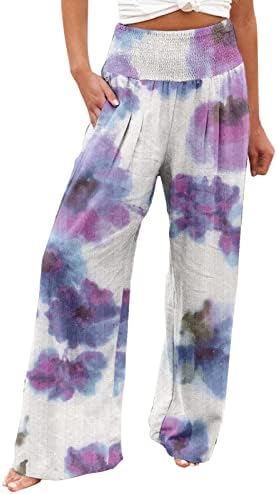 Lcepcy жени лето високо половината памучна постелнина палацо панталони широки нозе долги панталони панталони со џеб