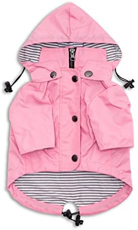 Ellie Dog Wear Zip Up Dog Raincaat розово со рефлексивни копчиња, џебови, отпорни на вода, прилагодлива влечење, отстранлив худи - големина xs