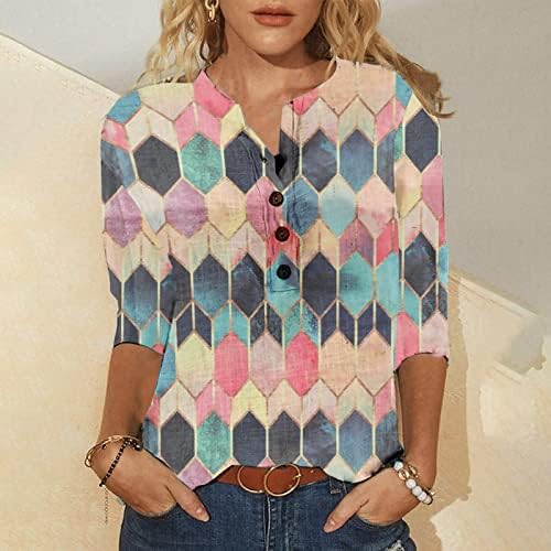 Женски случајни печатени V-вратот од девет поени копчиња за пулвер на ракав лабава маица со блуза маици