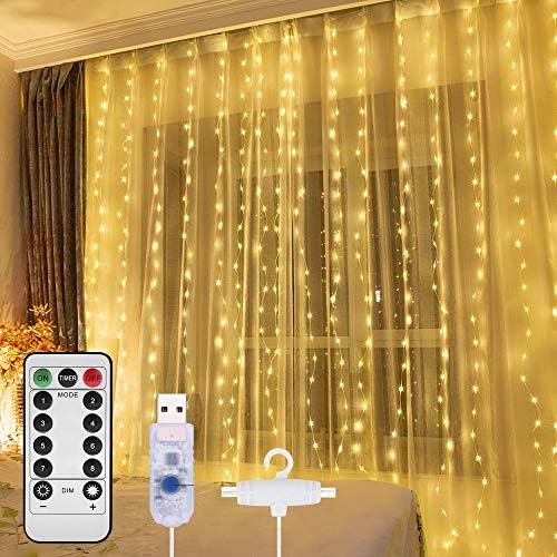 Светла за завеси за зелена боја, 9,8x9,8ft 300 LED USB -моќни бајки со далечински управувач, висечки светла за внатрешна отворена спална соба