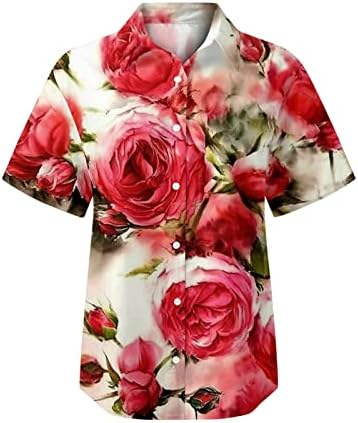 Женски кошули за тренингот жени пролетни летни цвеќиња печатени кратки ракави V вратот, кошули за сончање за жени