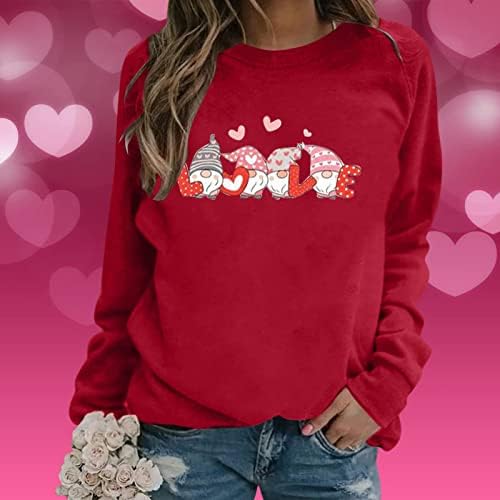 Симпатични четири gnomes сакаат срцеви графички врвови на женските валентински ден, кошули за пулвер, екипаж, џемпери со долги ракави, џемпери