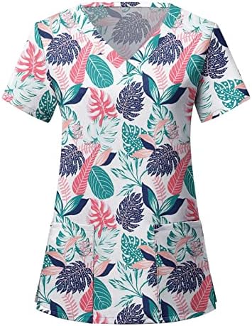 Лето Scrub_Tops За Жени Шарени Цветни Печати Работна Облека V Вратот Кратки Ракави Блузи Со Џебови