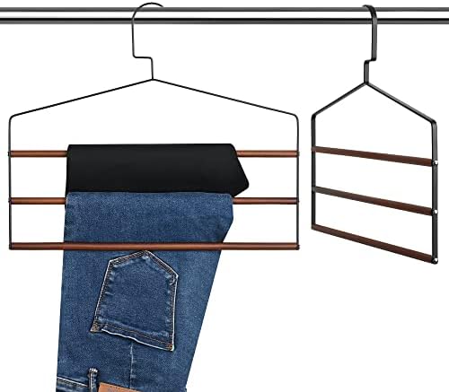 Kleverise 2 пакувања дрвени панталони закачалки - 3 нивоа заштеда на простор што не се лизгаат повеќеслојни дрвени панталони за закачалки