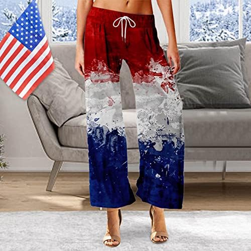 4 јули Јога Панталони За Жени Обични Летни Широки Врвки За Влечење Широки Панталони За Нозе Панталони Со Американско Знаме Панталони За Врзување-Боја