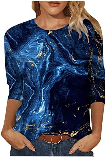 Летна обична кошула од 3/4 ракави за жени Пејзаж сликарство Модел на првите три четвртина ракав за ракав, тркалезен вратен врат