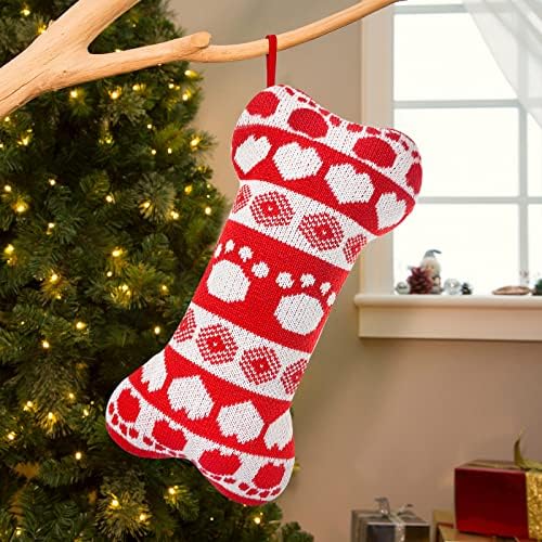 Божиќно порибување на плетени кучиња, божиќни чорапи за миленичиња, божиќни чорапи Голема форма на коска, рачно изработена, виси Божиќна празнична сезона за забави