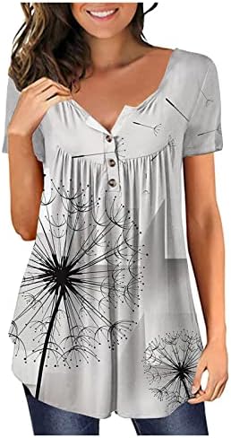 Qcemeni женски врвови од туника се кријат стомак 2023 летни маици со краток ракав, симпатична флока графичка кошула за печатење,