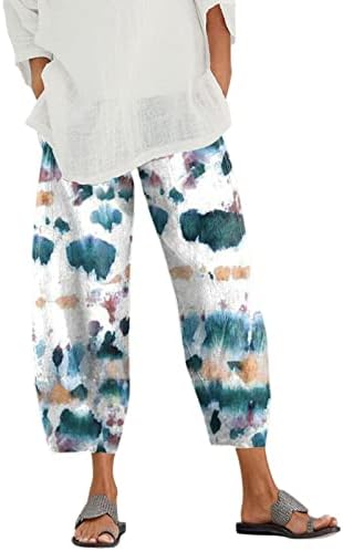 Lutmentsенски панталони за женски култури лето, женски исечени памучни постелнина панталони летни панталони на глуждот со џебови