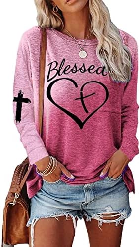 Благословени кошули за жени Исус има мојот грб со долги ракави, христијанско случајно писмо за печатење кошула, врвови на врвови на врвови