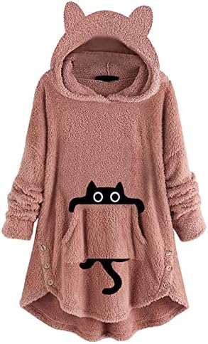 Женски шерпа фази на руно пуловер џемпери преголеми дуксери зимски топло мачко уво со долги ракави палто со џебови