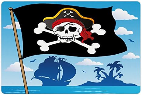 Лунарниот Пиратски Миленичиња Мат За Храна И Вода, Опасност Знак Пазете Се Од Пиратите Черепот Со Шапка Знаме Напуштен Остров Во Задниот Дел, Правоаголник