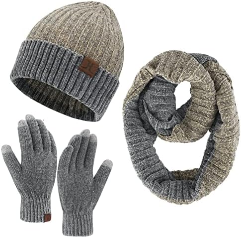 Womens Winter Warm Beanie Hat Touchscreen Gloves Infinity Long Scarf Set Ribbed Cable Knit Skull Caps for Women Men