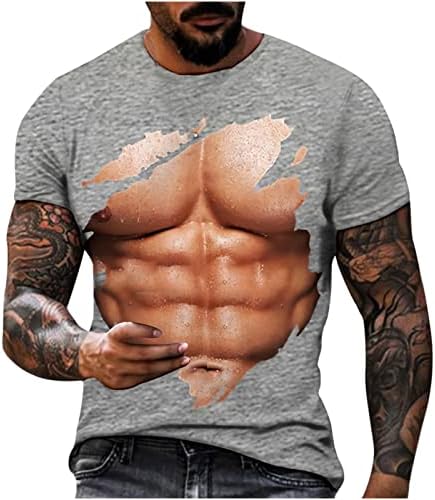 Лажна мускулна кошула за мажи тенок вклопена тркалезна врата кратка облека Новина облека смешна 3Д печатење улична облека мажи