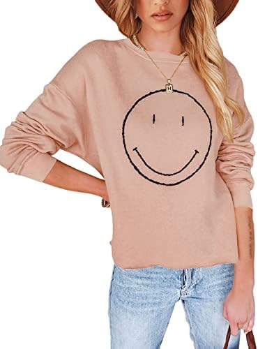 Пепохички женски екипаж среќен џемпер на лице случајна долга ракав насмевка графички пуловер врвови кошули