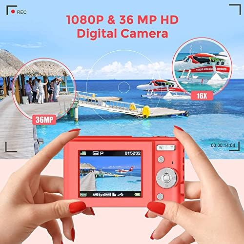 Toberto HD 1080p Дигитална камера, 36MP 16x дигитален зум во блогни мини камера со ЛЦД, дигитална точка и видео камера со фотоапарати, за
