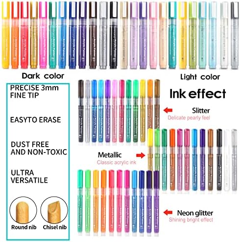 Хуџугако акрилна боја пенкала, 60 маркери за сликање во боја со платно торба сјајно пастелно метални маркери за бои за карпесто сликање камен