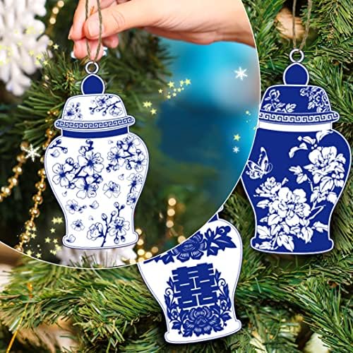 40 парчиња Божиќни орнаменти на чиноизери дрвени сини и бели чиносери, ѓумбир тегла украси ingerумбир тегла украс чиноисериско