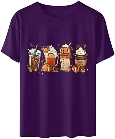 Денот на благодарноста кошула жени летни кратки ракави екипаж кафе -тиква основна маичка маица за Ноќта на вештерките, буги слатки есенски врвови