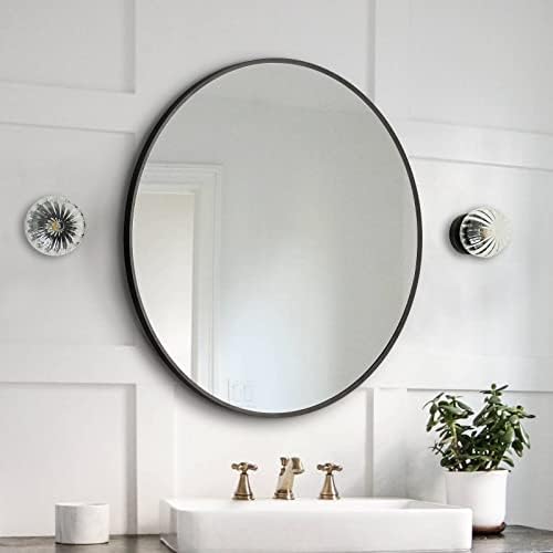 Вингстек Црно Тркалезно Огледало, 32 Инчен Круг Огледало Монтирано На Ѕид Со Мат Закосен Алуминиумски Рамки И HD Стакло За Бања, Суета,