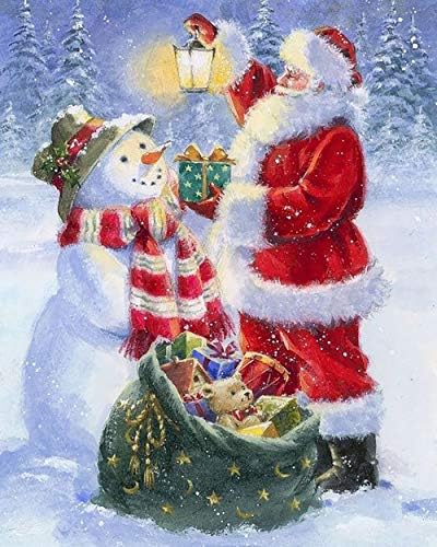 Божиќни комплети за сликање на дијаманти за возрасни, DIY -тркалезна целосна вежба акрилик везење крст, Дедо Мраз и Снежни занаетчиски