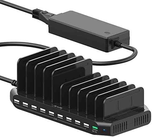 Alxum USB станица за брзо полнење со брзо полнење 3.0, 10 држач за полнење на порта за повеќе уреди, компатибилен со iPad, iPhone, Samsung Galaxy, Black