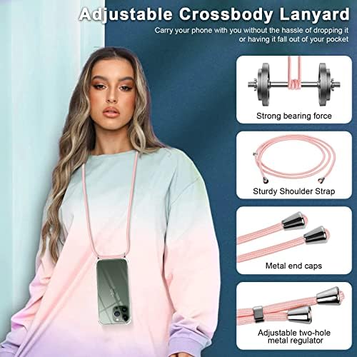 Crossbody Crossbody Cross за iPhone 13 Pro Clear Silicone Phone Case за iPhone 13Pro 6.1 со лента за кабел за вратот, мек TPU ShockProof заштитен про transparentирен куќиште за покривање - розова