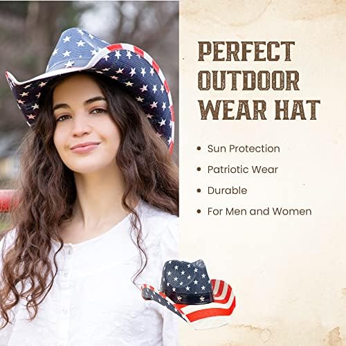 Tovoso American Flag Cowboy Cowgirl Hat со облик-тоа за мажи или жени, гроздобер starsвезди и ленти