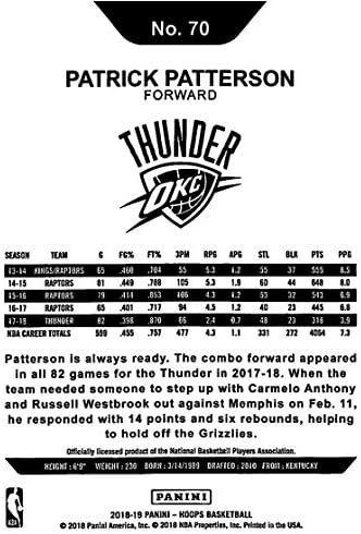 2018-19 Панини обрачи 70 Патрик Патерсон Оклахома Сити Тандер НБА кошарка за трговија со кошарка