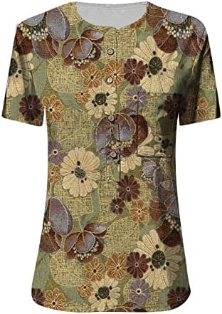 Летно копче надолу кошули за жени, женска обична модна памучна постелнина печатена маица лабава блуза со кратки ракави на врвот